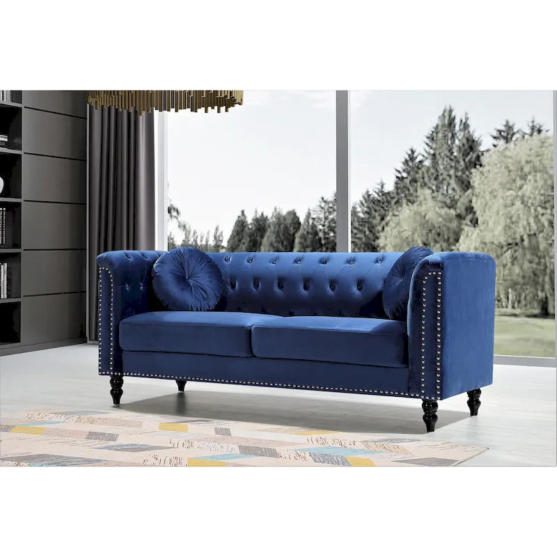 Canapé Chesterfield classique capitonné en velours clouté avec coussin décoratif