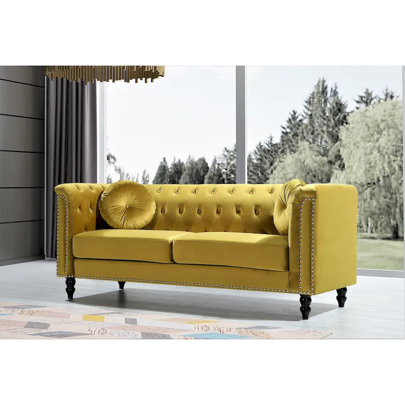 Canapé Chesterfield classique capitonné en velours clouté avec coussin décoratif