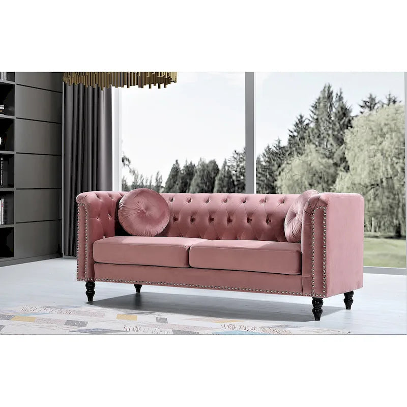 Canapé Chesterfield classique capitonné en velours clouté avec coussin décoratif