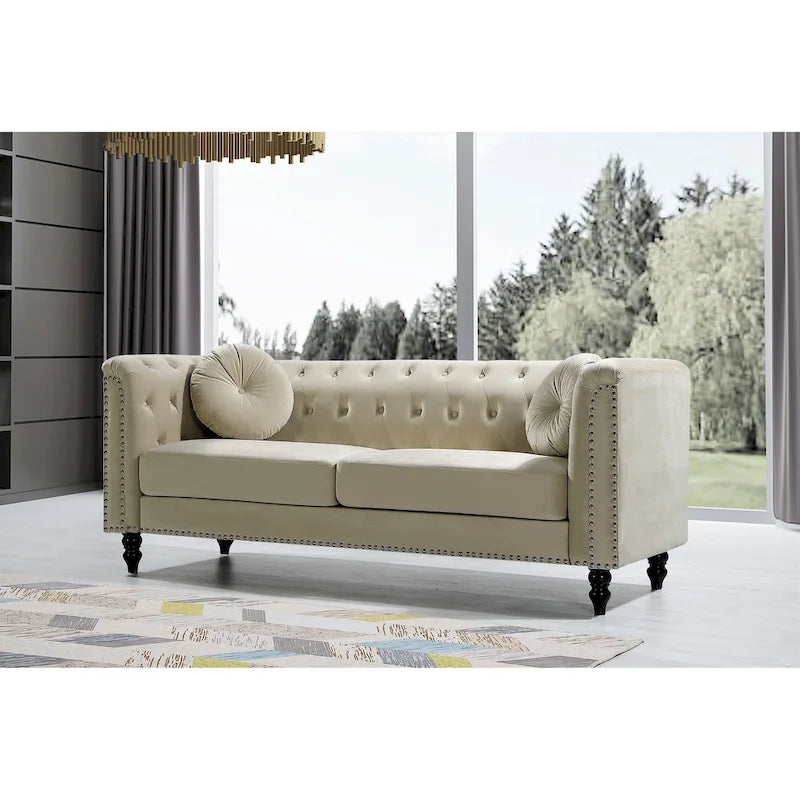 Canapé Chesterfield classique capitonné en velours clouté avec coussin décoratif