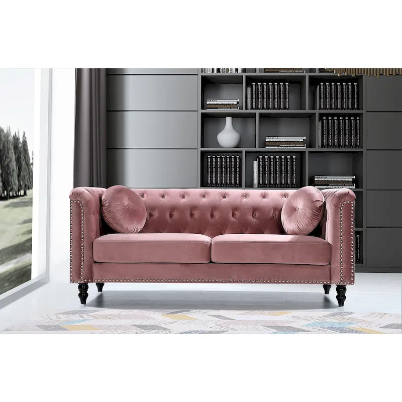 Canapé Chesterfield classique capitonné en velours clouté avec coussin décoratif