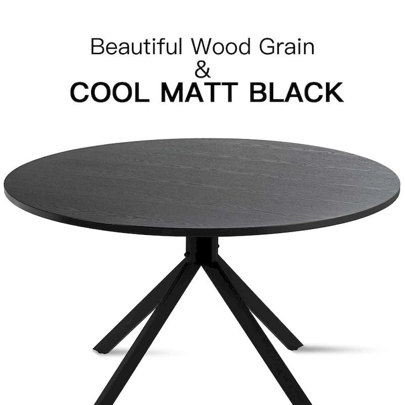 Table à manger ronde noire avec plateau effet chêne et piétement en métal