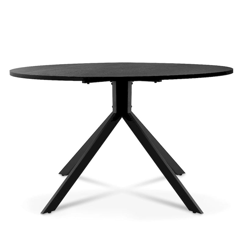 Table à manger ronde noire avec plateau effet chêne et piétement en métal