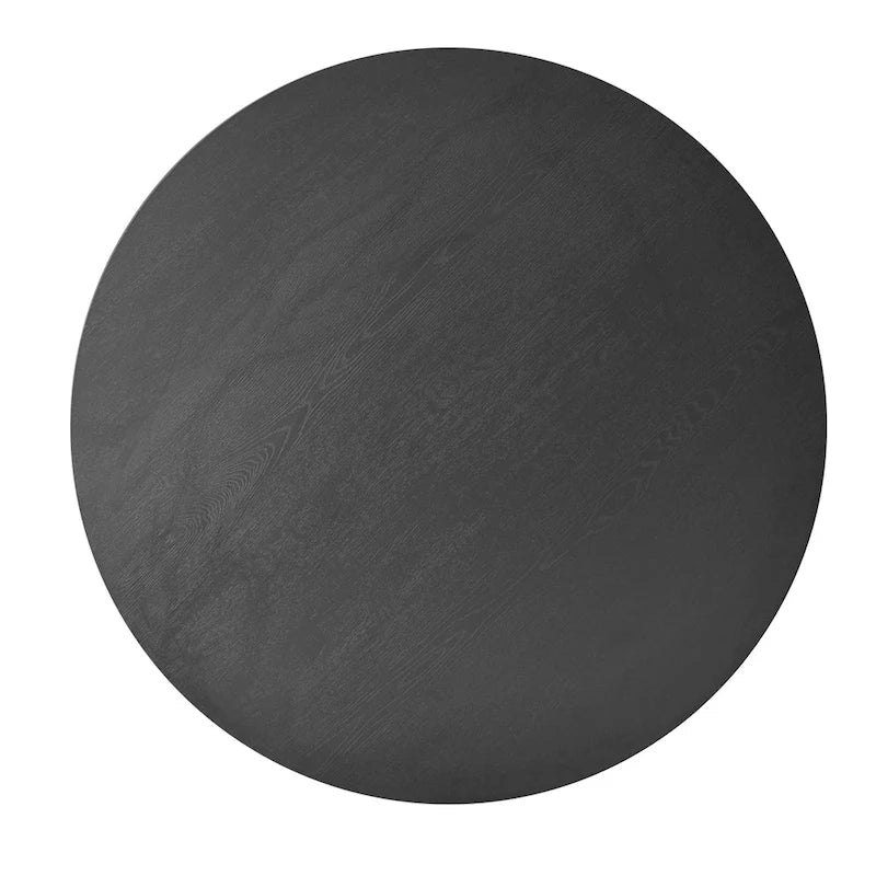 Table à manger ronde noire avec plateau effet chêne et piétement en métal