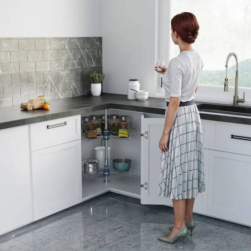 Organisateur d'angle de cuisine rotatif à 270 degrés en acier inoxydable, double étagère, couleur grise