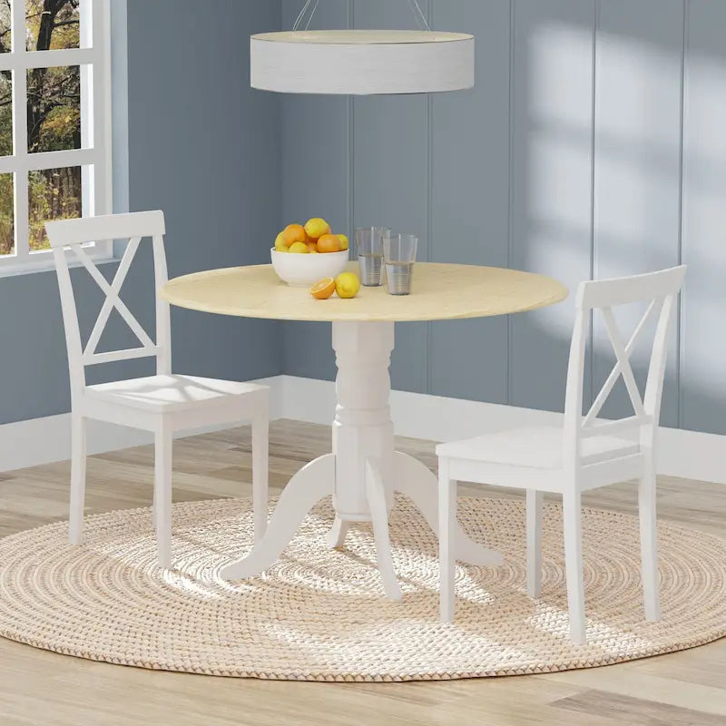 Table à manger ronde à rallonges, blanche et bois naturel