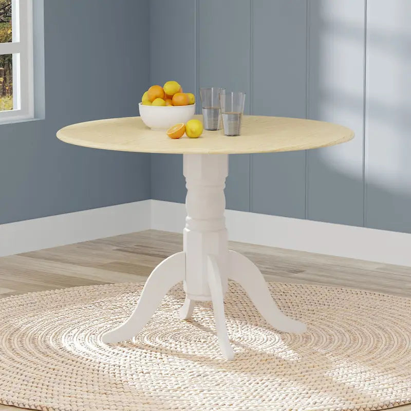 Table à manger ronde à rallonges, blanche et bois naturel