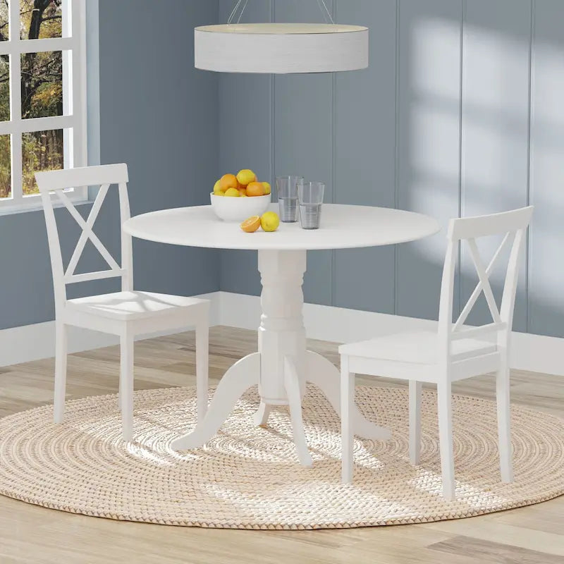 Table à manger ronde à rallonges, blanche et bois naturel