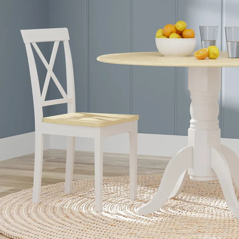 Table à manger ronde à rallonges, blanche et bois naturel