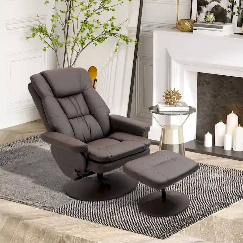 Fauteuil inclinable pivotant en similicuir avec repose-pieds, marron et noir