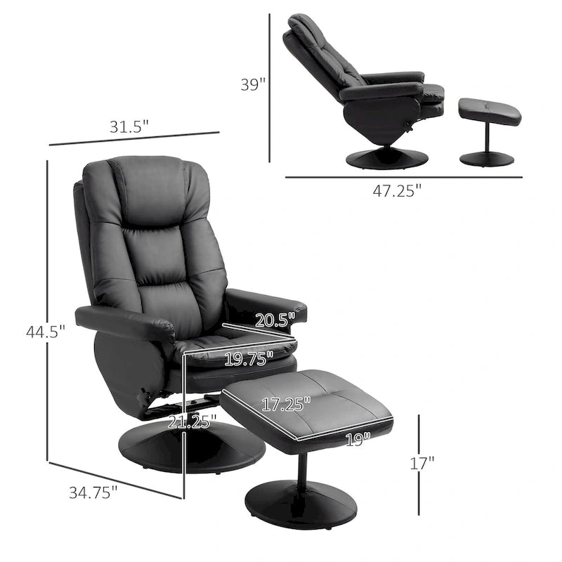 Fauteuil inclinable pivotant en similicuir avec repose-pieds, marron et noir