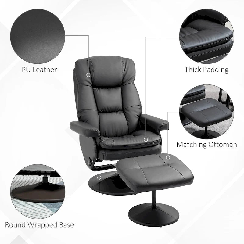 Fauteuil inclinable pivotant en similicuir avec repose-pieds, marron et noir