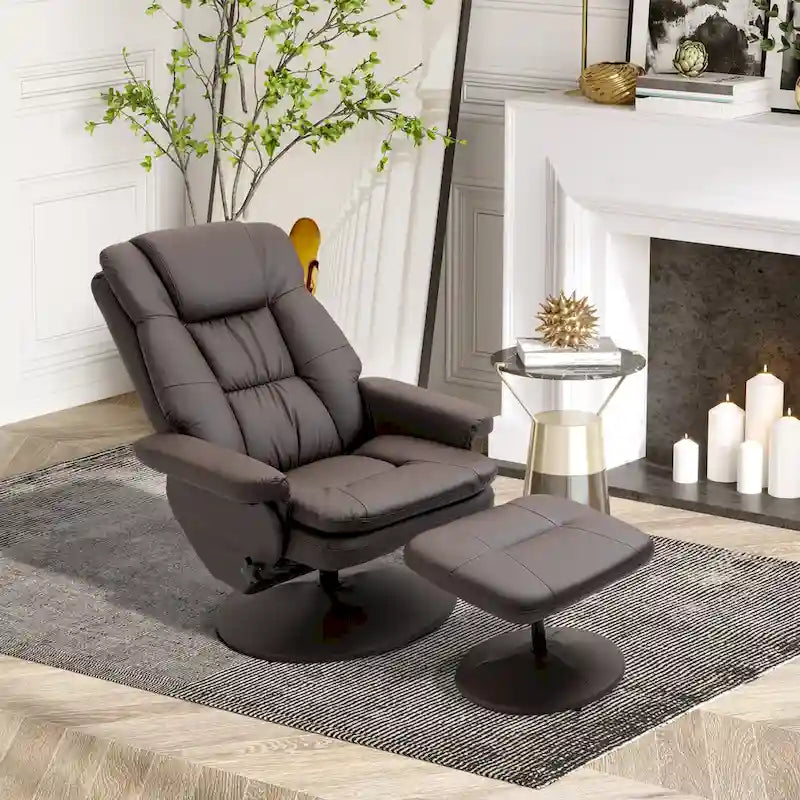 Fauteuil inclinable pivotant en similicuir avec repose-pieds, marron et noir