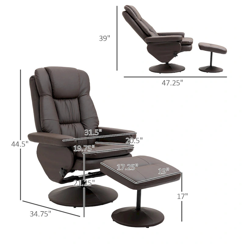 Fauteuil inclinable pivotant en similicuir avec repose-pieds, marron et noir