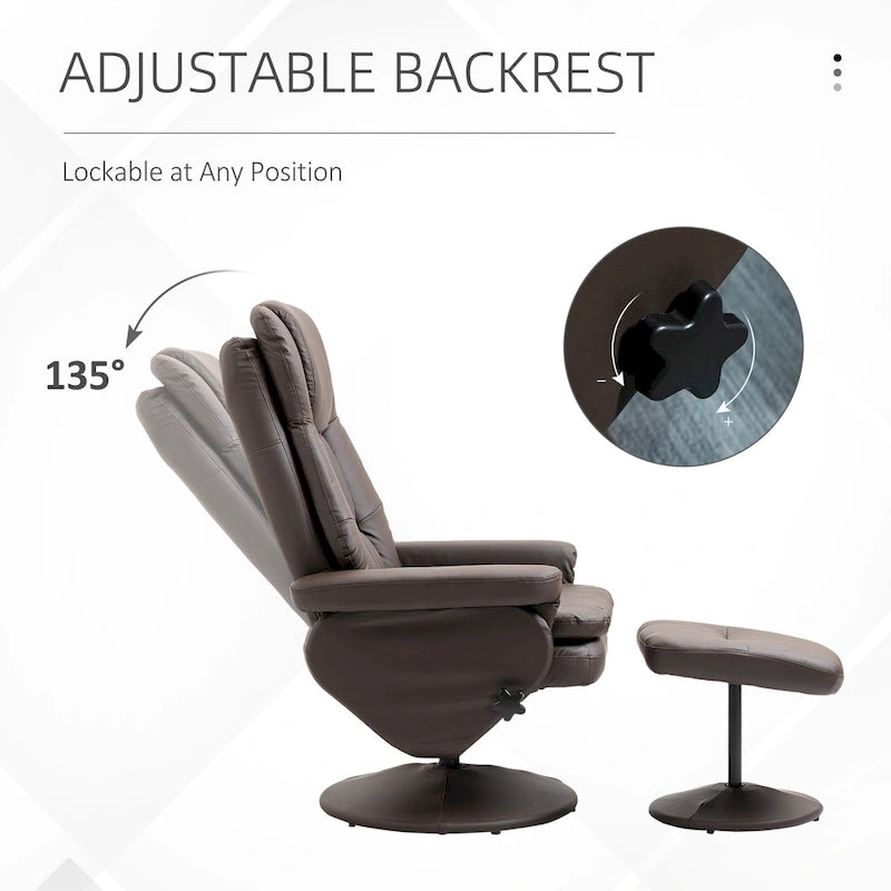 Fauteuil inclinable pivotant en similicuir avec repose-pieds, marron et noir