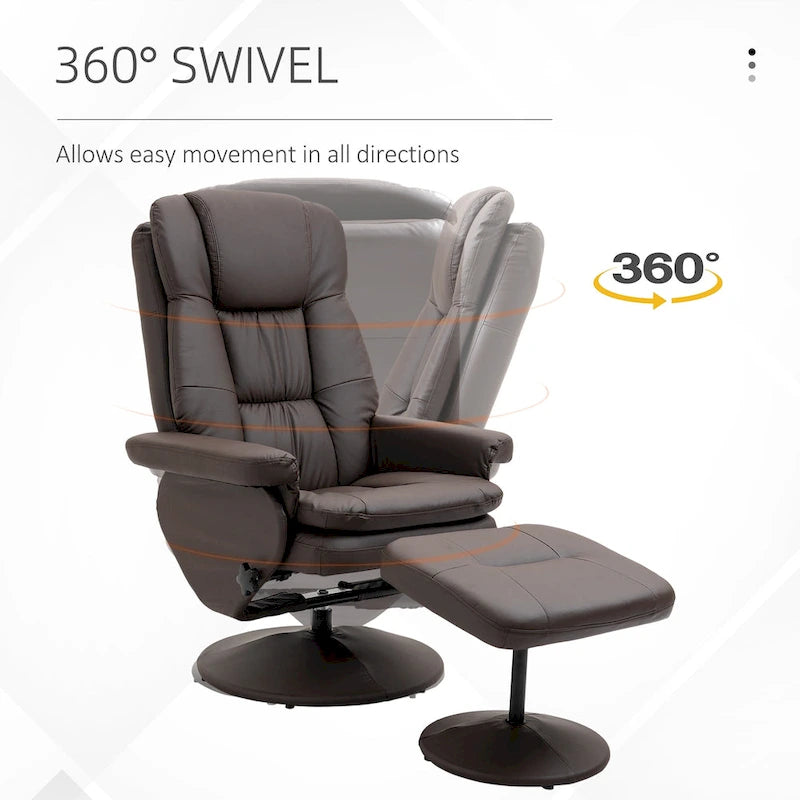 Fauteuil inclinable pivotant en similicuir avec repose-pieds, marron et noir