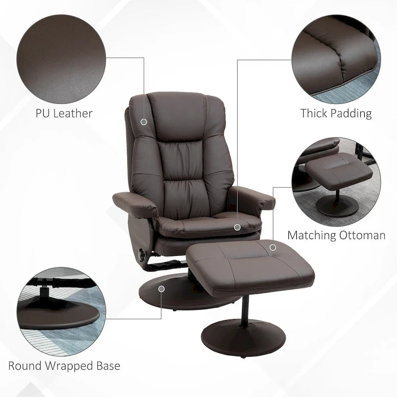 Fauteuil inclinable pivotant en similicuir avec repose-pieds, marron et noir