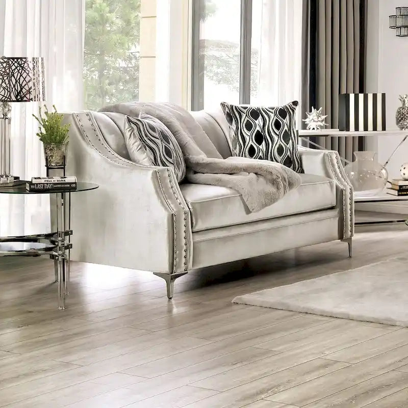 Causeuse en chenille capitonnée de style transitionnel avec passepoil clouté, accoudoirs inclinés et pieds espresso