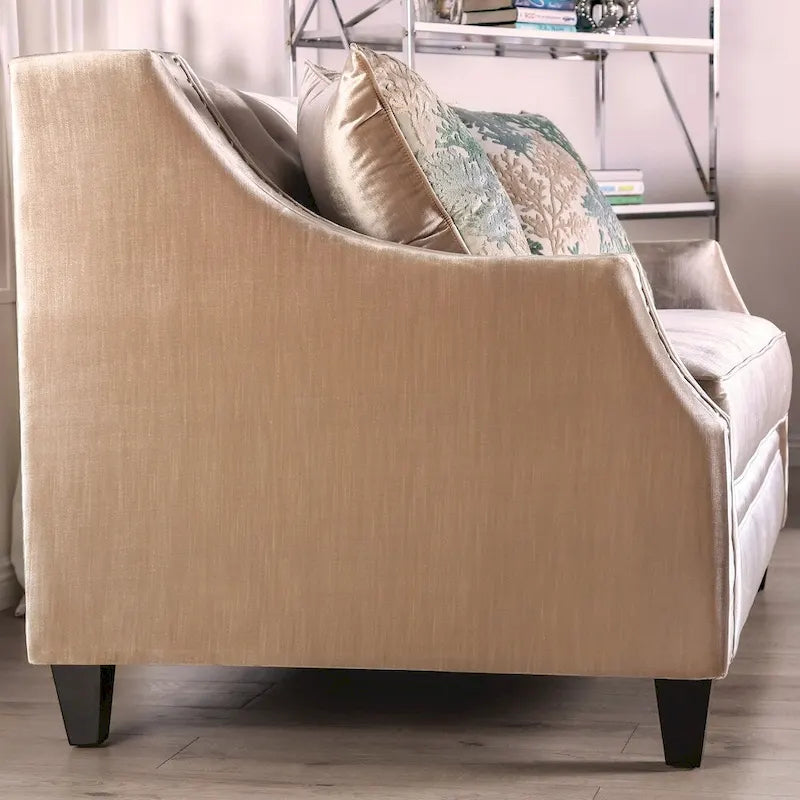 Causeuse en chenille capitonnée de style transitionnel avec passepoil clouté, accoudoirs inclinés et pieds espresso