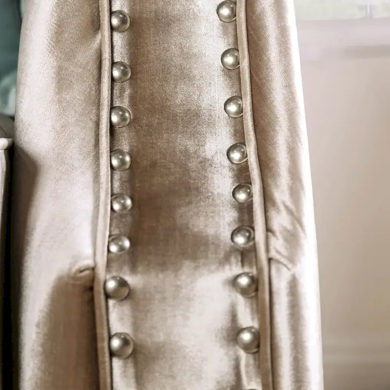 Causeuse en chenille capitonnée de style transitionnel avec passepoil clouté, accoudoirs inclinés et pieds espresso