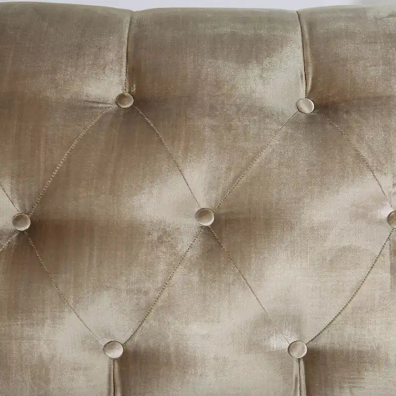 Causeuse en chenille capitonnée de style transitionnel avec passepoil clouté, accoudoirs inclinés et pieds espresso