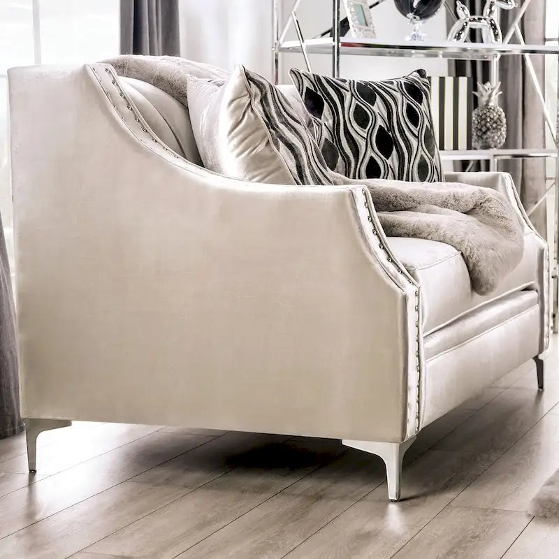 Causeuse en chenille capitonnée de style transitionnel avec passepoil clouté, accoudoirs inclinés et pieds espresso