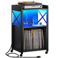Meuble platine vinyle avec lumières LED, station de charge et roulettes, noir et marron