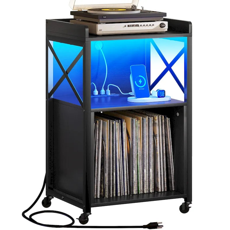 Meuble platine vinyle avec lumières LED, station de charge et roulettes, noir et marron