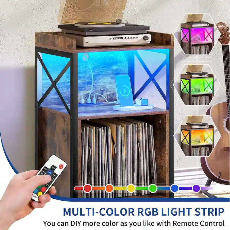 Meuble platine vinyle avec lumières LED, station de charge et roulettes, noir et marron