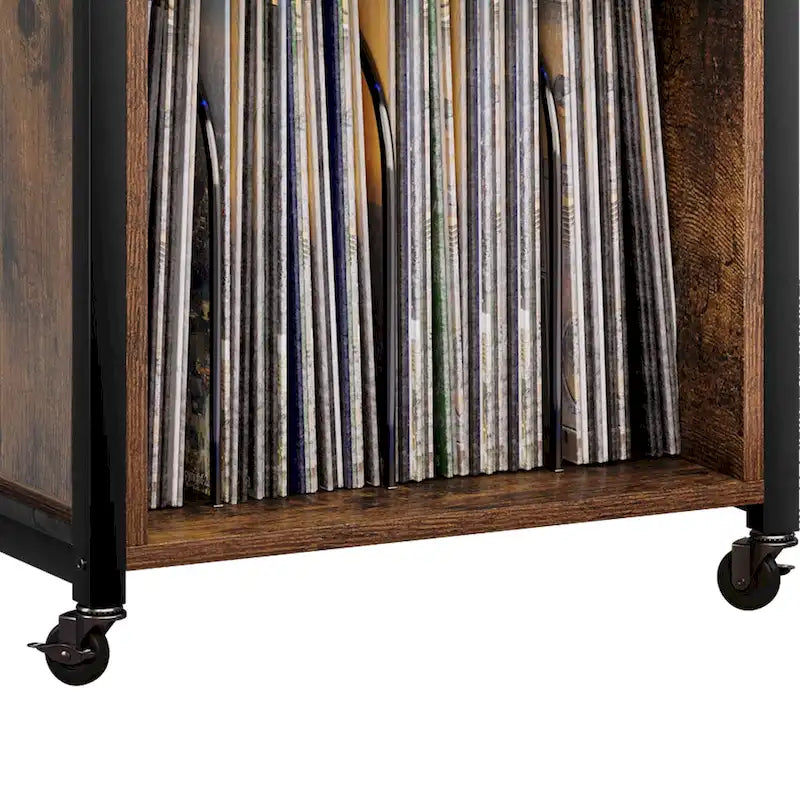 Meuble platine vinyle avec lumières LED, station de charge et roulettes, noir et marron