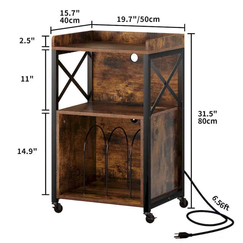 Meuble platine vinyle avec lumières LED, station de charge et roulettes, noir et marron