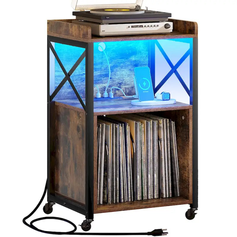 Meuble platine vinyle avec lumières LED, station de charge et roulettes, noir et marron