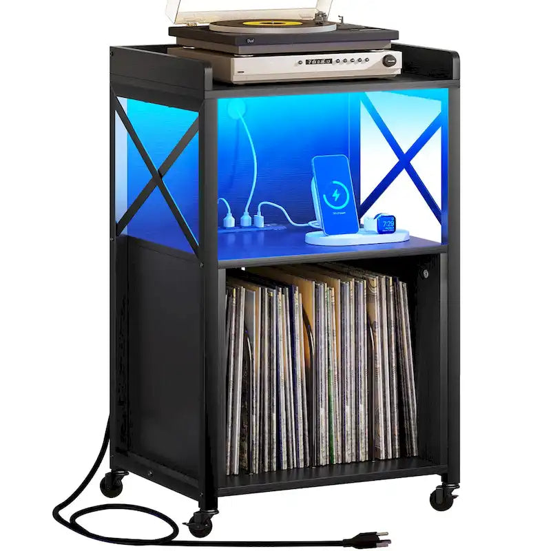 Meuble platine vinyle avec lumières LED, station de charge et roulettes, noir et marron
