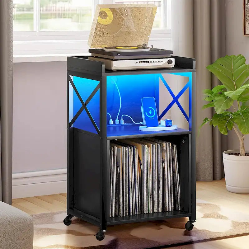 Meuble platine vinyle avec lumières LED, station de charge et roulettes, noir et marron