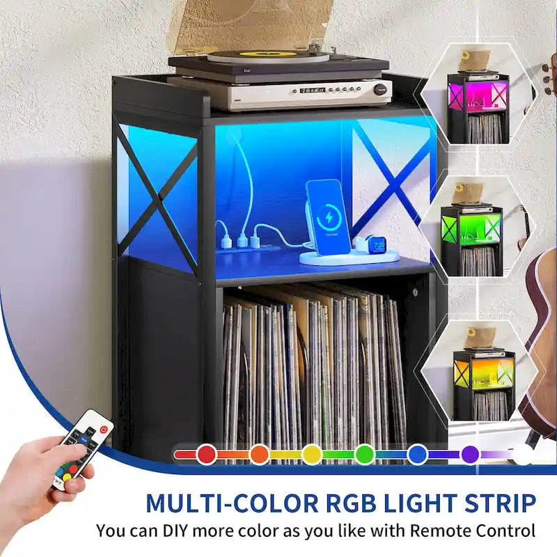 Meuble platine vinyle avec lumières LED, station de charge et roulettes, noir et marron
