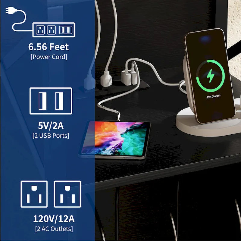 Meuble platine vinyle avec lumières LED, station de charge et roulettes, noir et marron