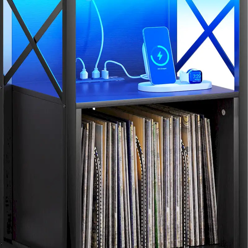 Meuble platine vinyle avec lumières LED, station de charge et roulettes, noir et marron
