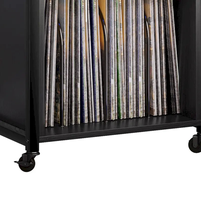 Meuble platine vinyle avec lumières LED, station de charge et roulettes, noir et marron