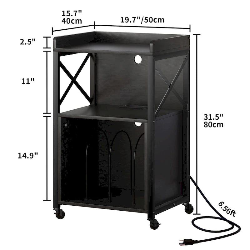 Meuble platine vinyle avec lumières LED, station de charge et roulettes, noir et marron