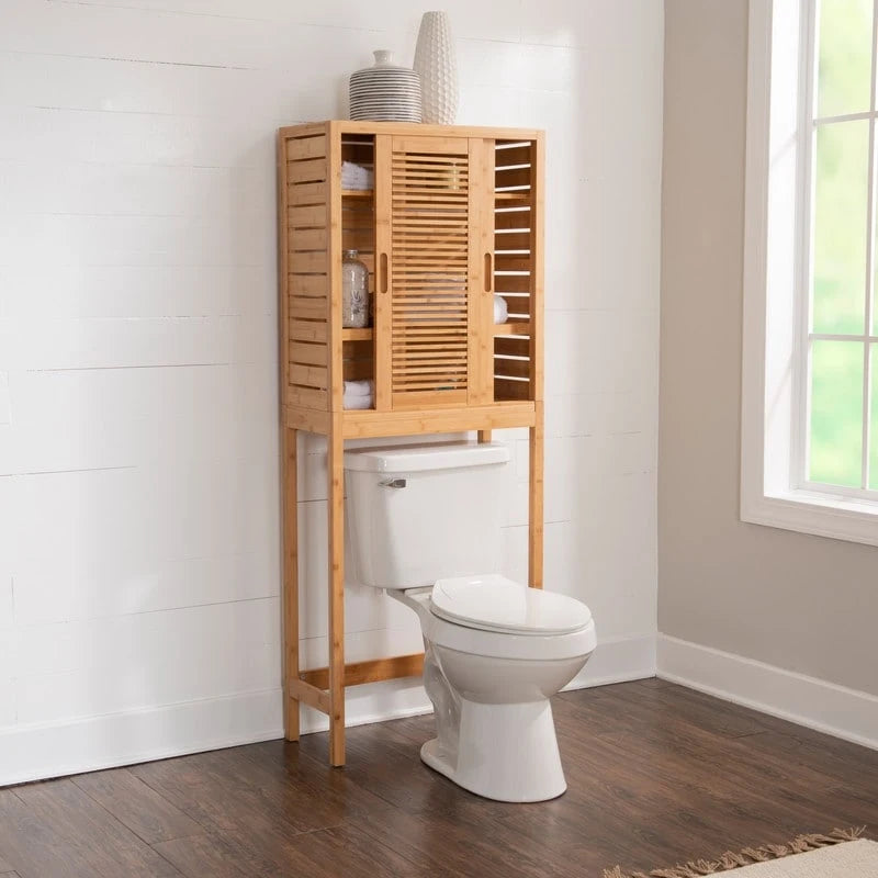 Meuble de rangement WC en bambou avec portes coulissantes finition naturelle