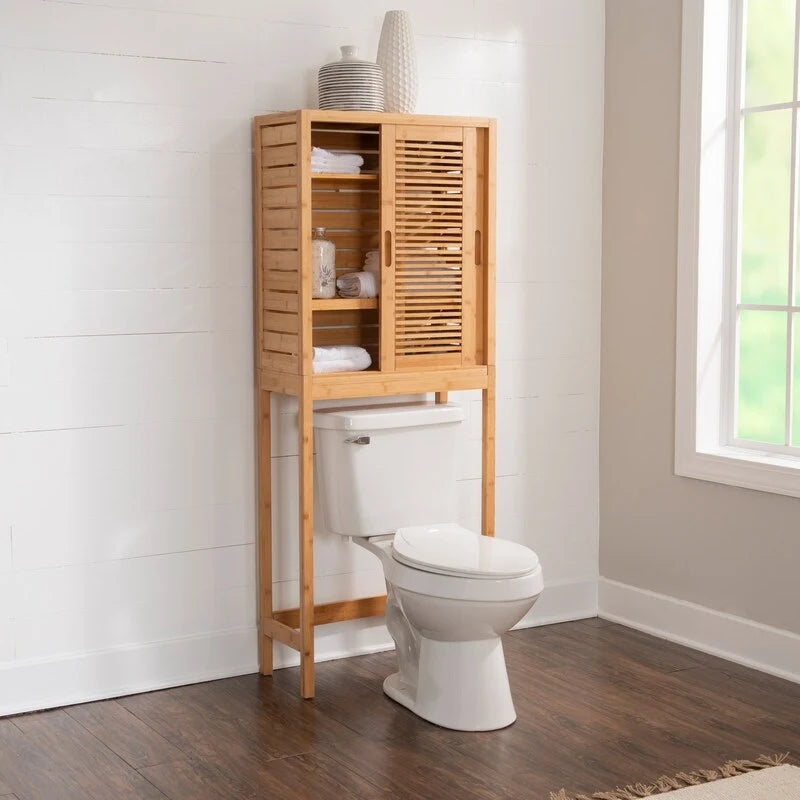 Meuble de rangement WC en bambou avec portes coulissantes finition naturelle