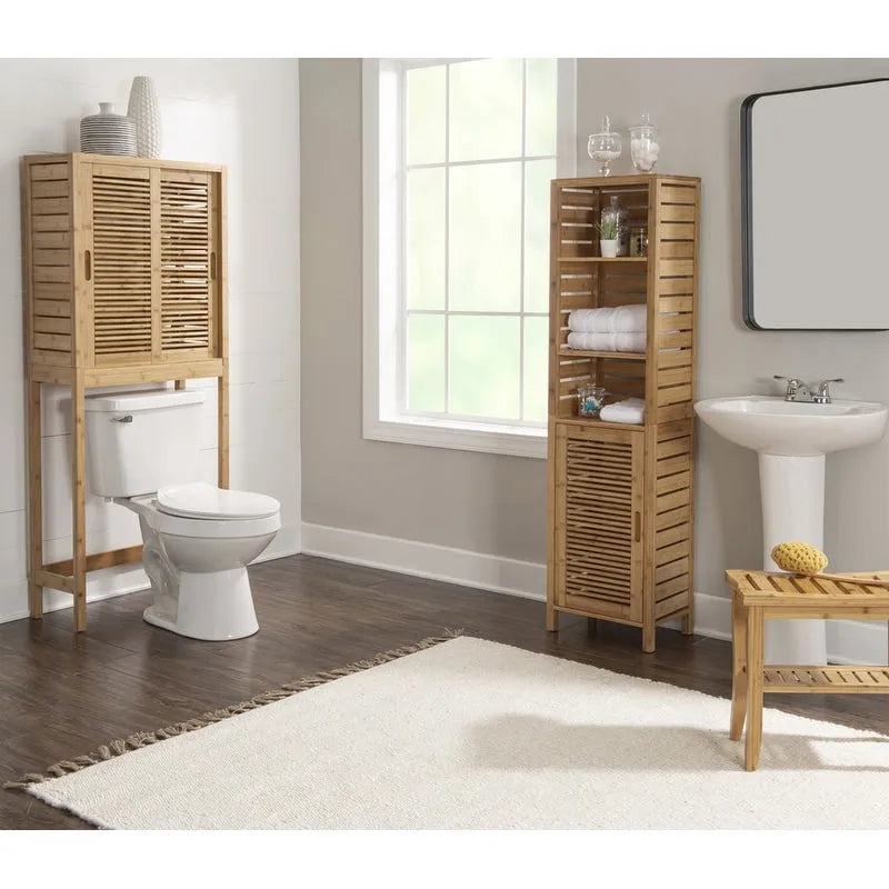 Meuble de rangement WC en bambou avec portes coulissantes finition naturelle