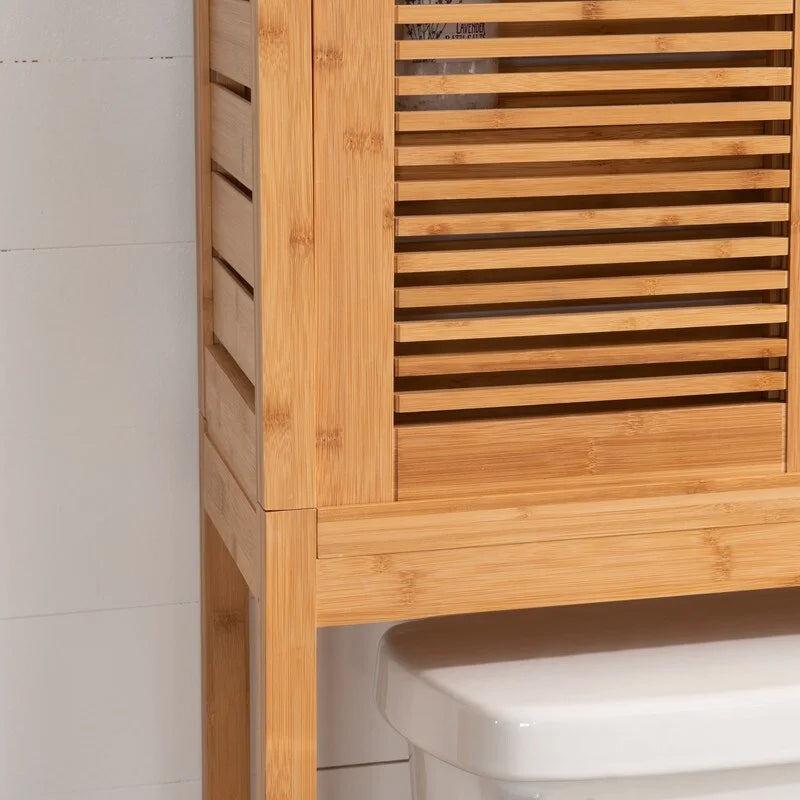 Meuble de rangement WC en bambou avec portes coulissantes finition naturelle