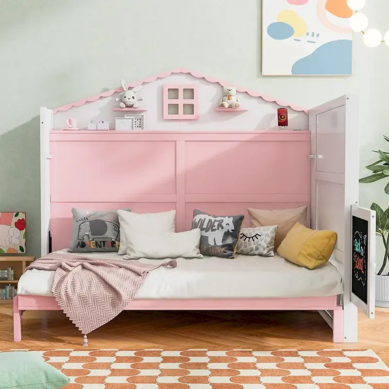 Lit cabane pour enfant avec chargeur USB, étagères et tableau noir, Rose Blanc