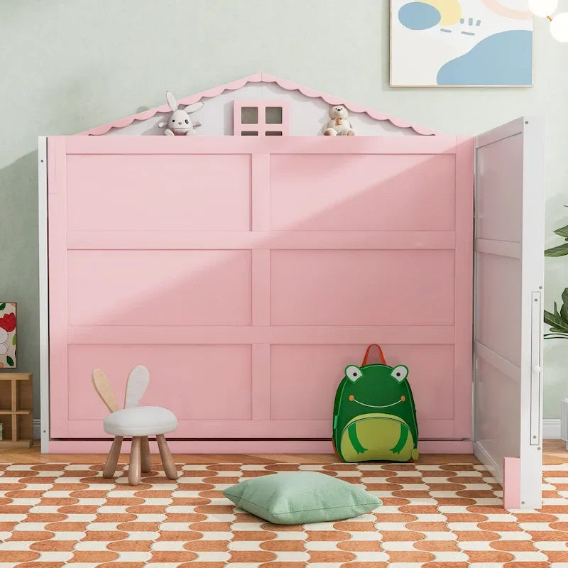 Lit cabane pour enfant avec chargeur USB, étagères et tableau noir, Rose Blanc