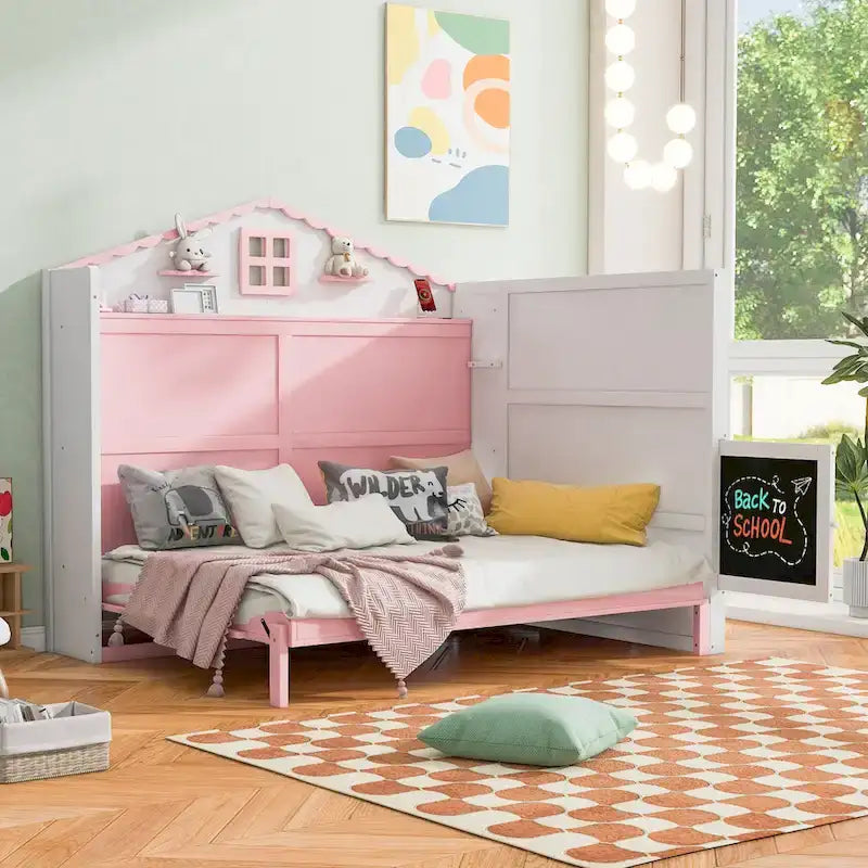 Lit cabane pour enfant avec chargeur USB, étagères et tableau noir, Rose Blanc