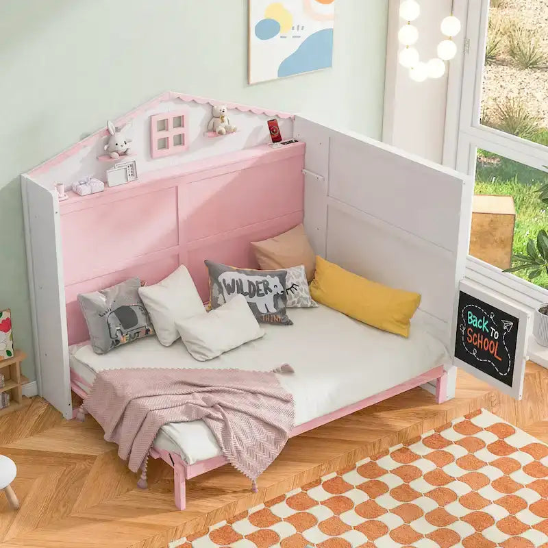Lit cabane pour enfant avec chargeur USB, étagères et tableau noir, Rose Blanc