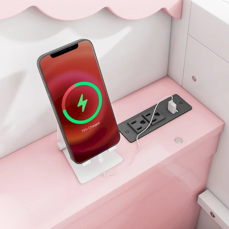 Lit cabane pour enfant avec chargeur USB, étagères et tableau noir, Rose Blanc