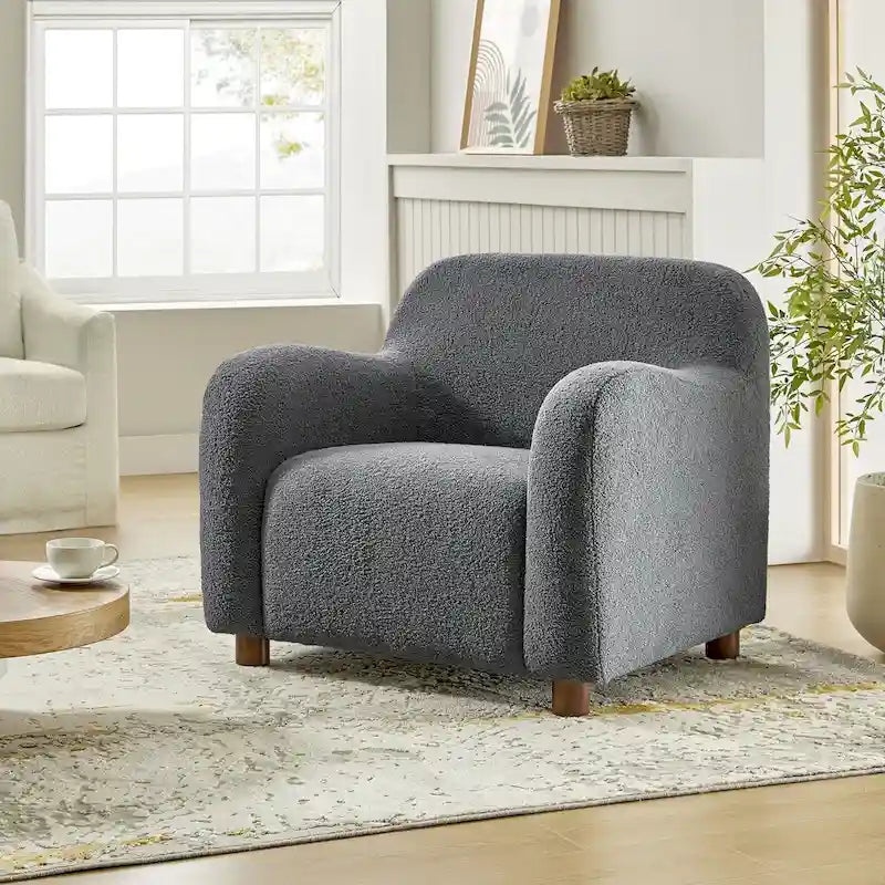 Fauteuil d'appoint rembourré Bouclé avec pieds en noyer massif