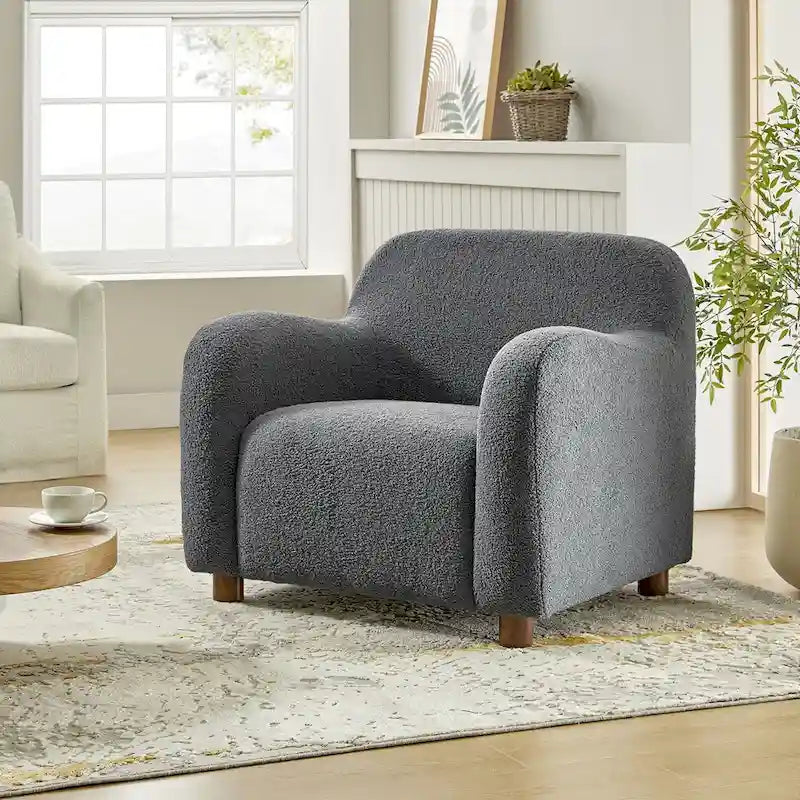 Fauteuil d'appoint rembourré Bouclé avec pieds en noyer massif